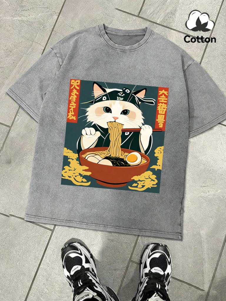 Cats Who Like Lamian Noodles Very Much Washed TShirt Men Fashion Cotton TShirts ONeck Clothing Casual Unisex Loose Summer Top