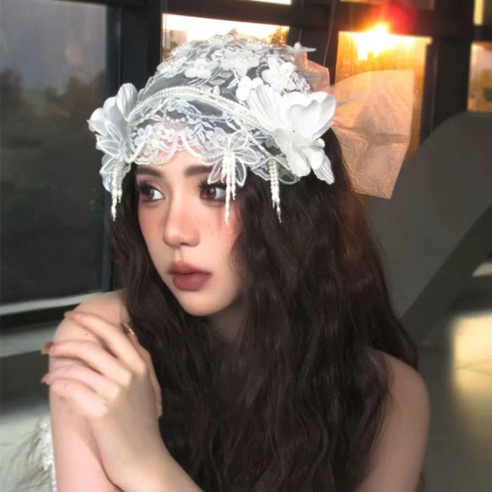 Lace Floral Bride Headdress White Wedding Headwear French Bridal Hat  Photography Accessories