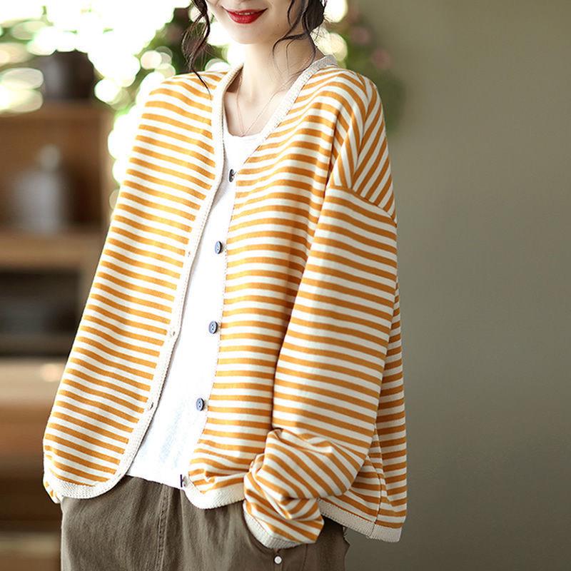 Spring Striped Webbing-Edged Single-Breasted Long Sleeve Women's Jacket Cardigan