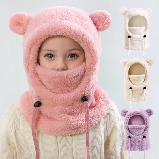 Children Hat with Adjustable Face Guard Full Coverage Ski Hat Cartoon Bear Ear Design Cold Weather Face Guard Scarf Hat