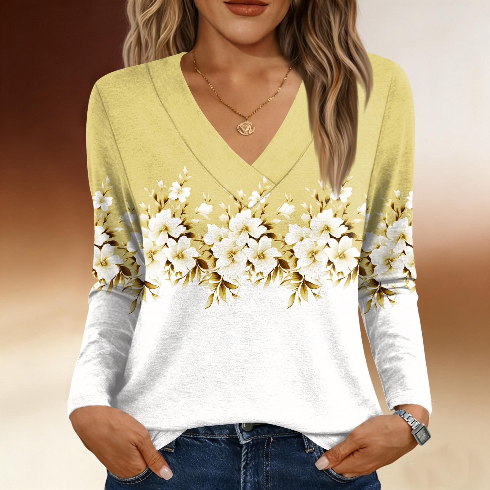 

Long Sleeve Shirts For Women Cute Print Graphic Tees Blouses Casual Plus Size Basic Tops Pullover XL жовтий