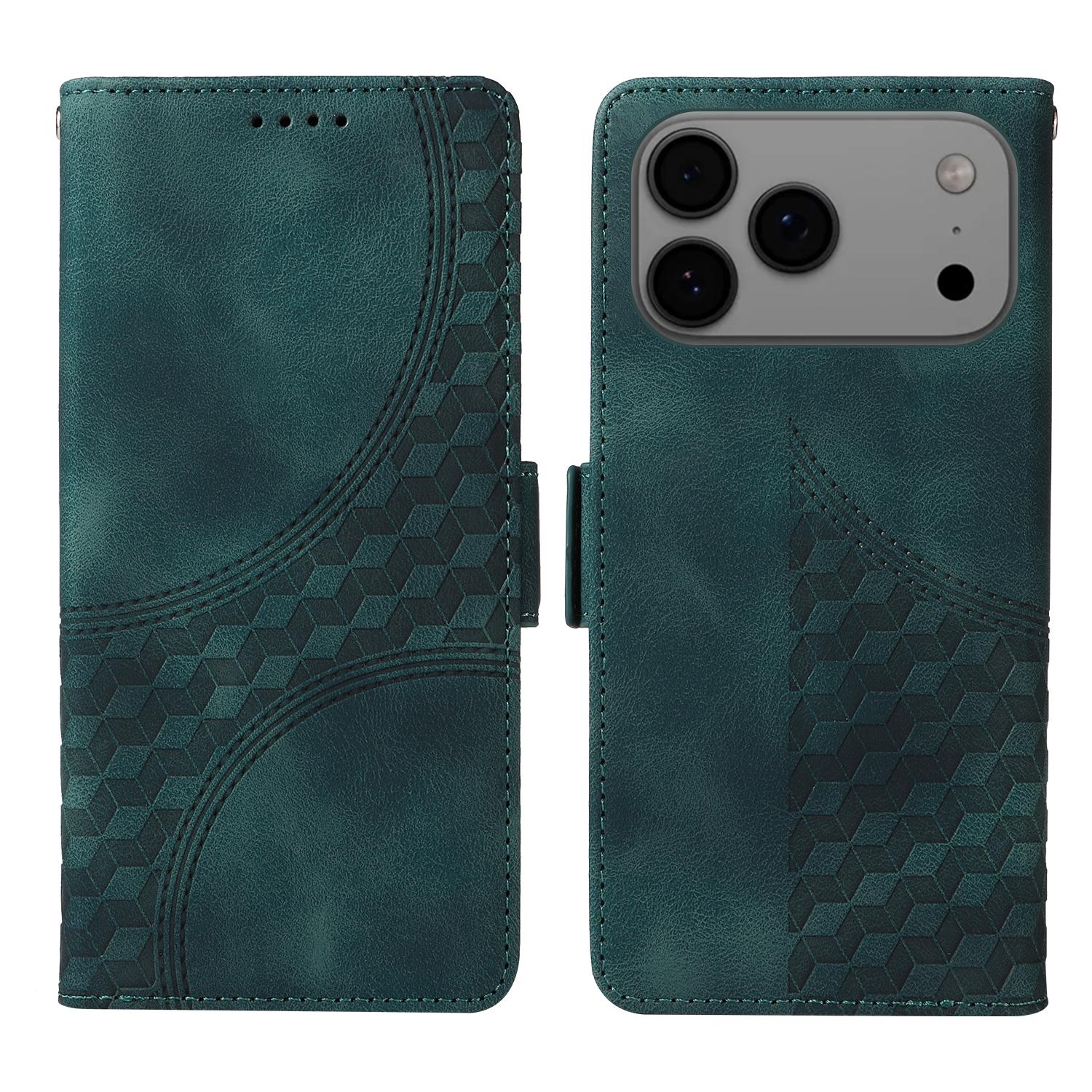 

For iPhone 17 Pro Max Leather Cases Wallet Rhombus Imprinted Phone Cover Stand with Strap Green