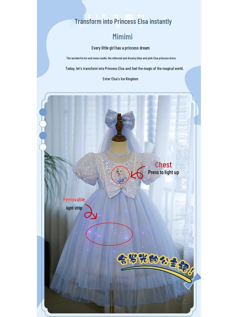 2024 Summer Light-Up Princess Elsa Frozen Dress for Girls