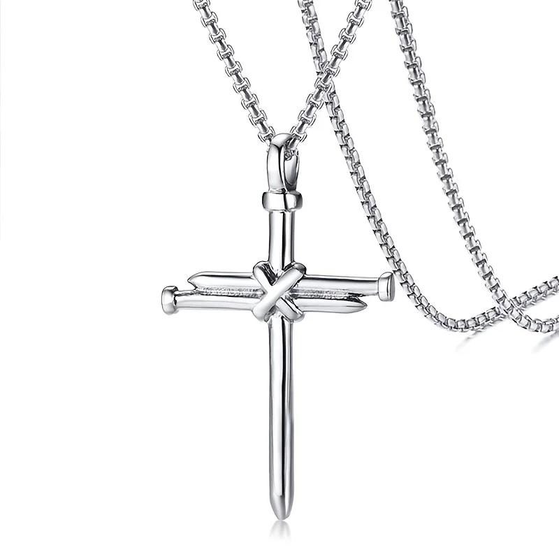 Funky Easter Stripe Cross Cool Pendant Necklace, Men's Trendy Stainless Steel Necklace Fashion Accessories