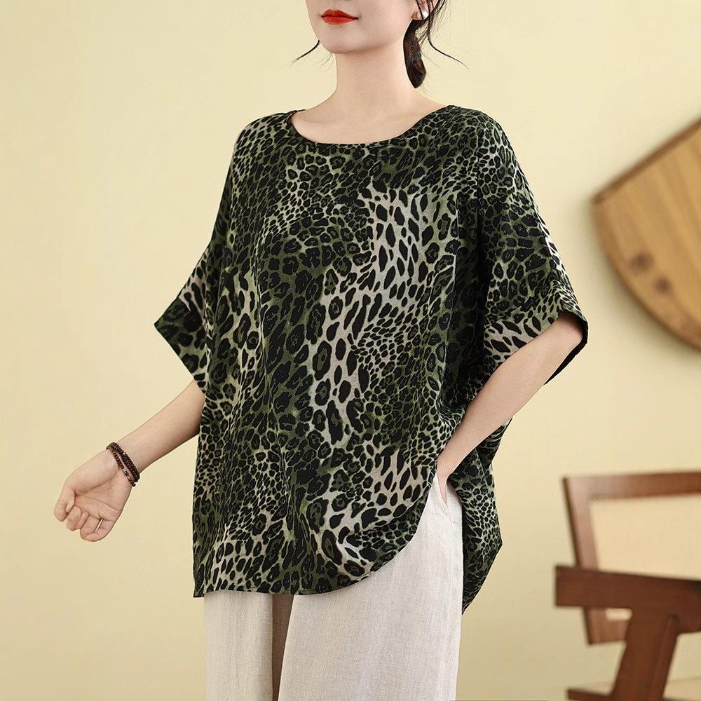 Large Size Cotton Literary Vintage Leopard Print Bat Top for Women's Summer Short-sleeved New Loose T-shirt To Make You Look Slim and Bottom