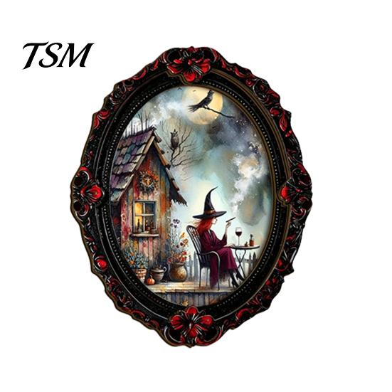 Spooky Witch Castle Wall Art Halloween Wooden Refrigerator Magnets, Vintage Gothic Oval Frame Fridge Magnets with Unique Kitchen Metal Surface