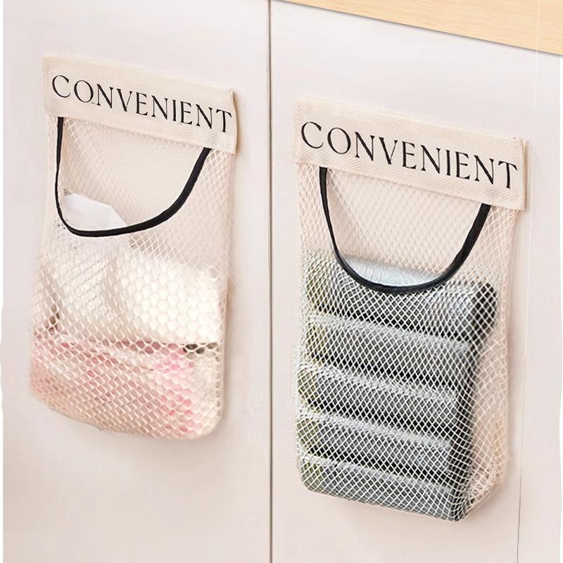 Kitchen garbage bag storage bag Velcro mesh bag simple household sundries mesh bag garbage bag wall hanging storage bag