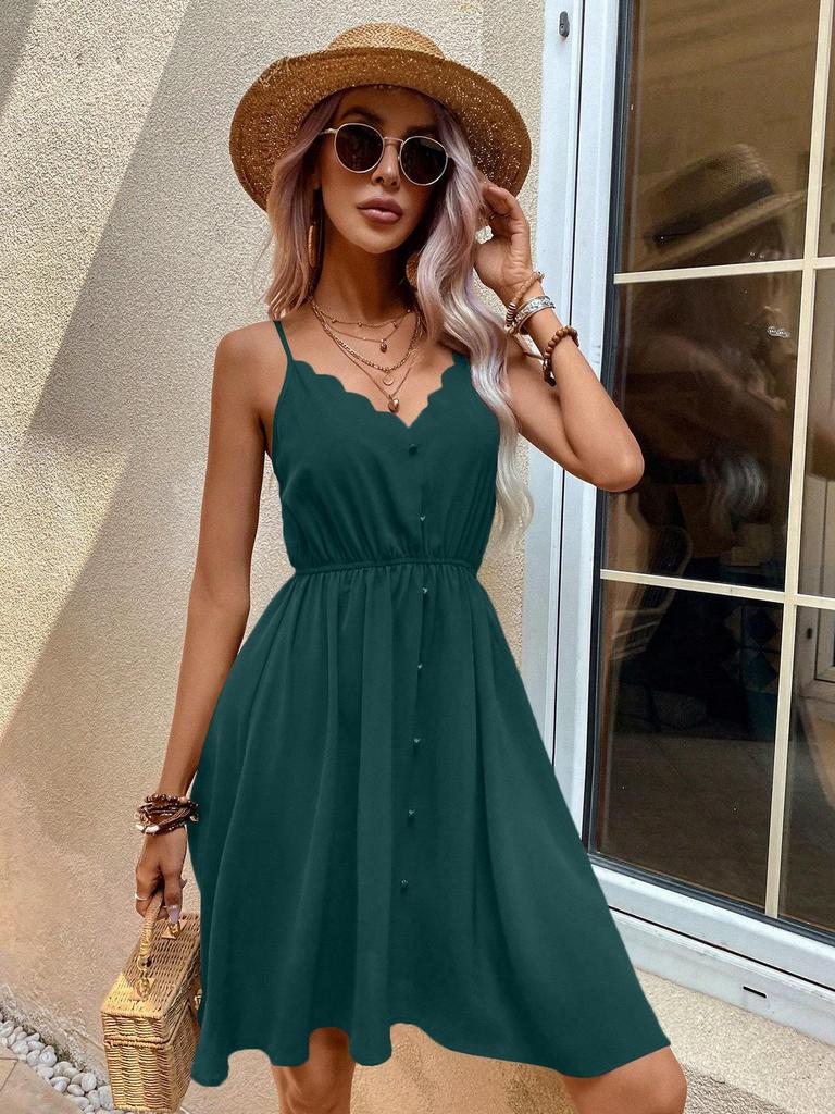 2026 V-neck Faux Button Spaghetti Strap Dress - Women's European & American Style with Lace Detailing, Comfortable & Casual