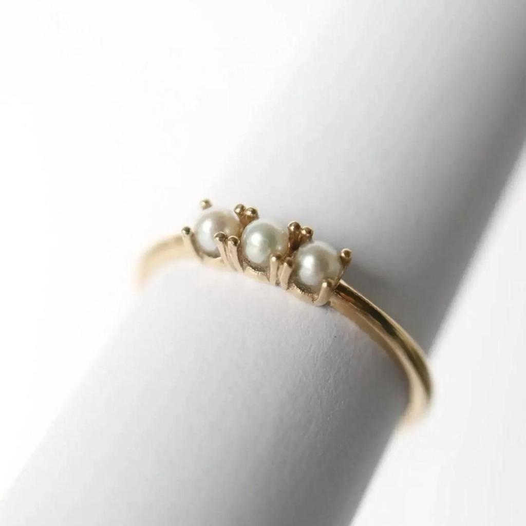 Yellow Gold Plated Pearl Ring: Minimalist June Birthstone Stacking Ring: Art Deco Dainty Bridal Jewelry for her