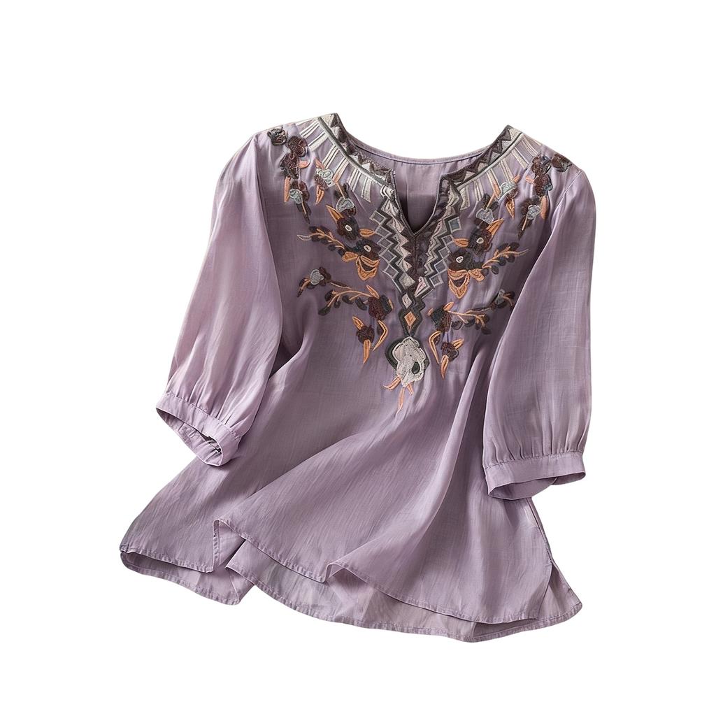 Damen Retro Besticktes Baumwoll-Leinen Stilvolles Lässiges Hemd Top