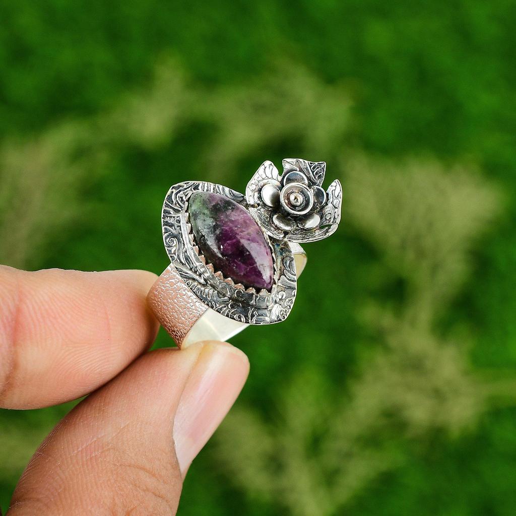 Natural Ruby Zoisite Gemstone Promise Flower Ring Size 9 925 Sterling Silver