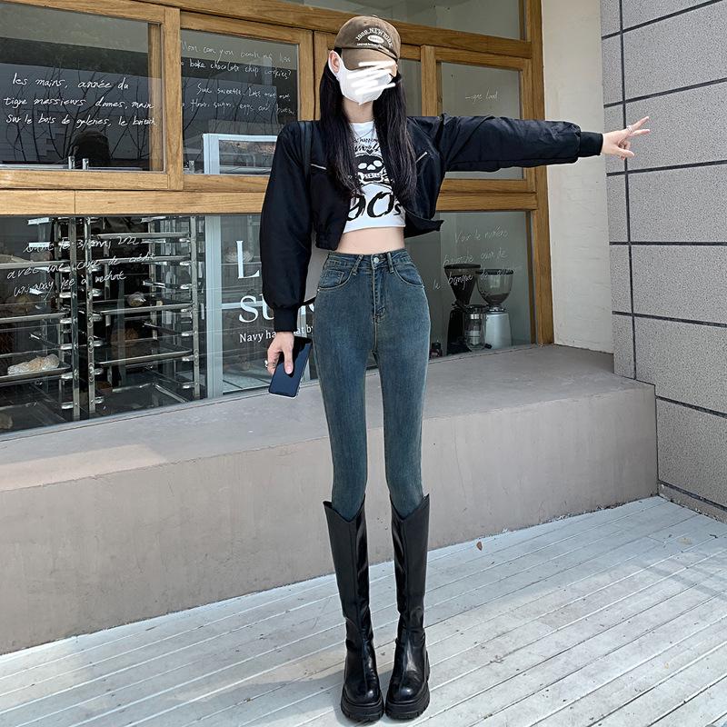 Women`s Brushed Denim High-Waisted Slim Warm