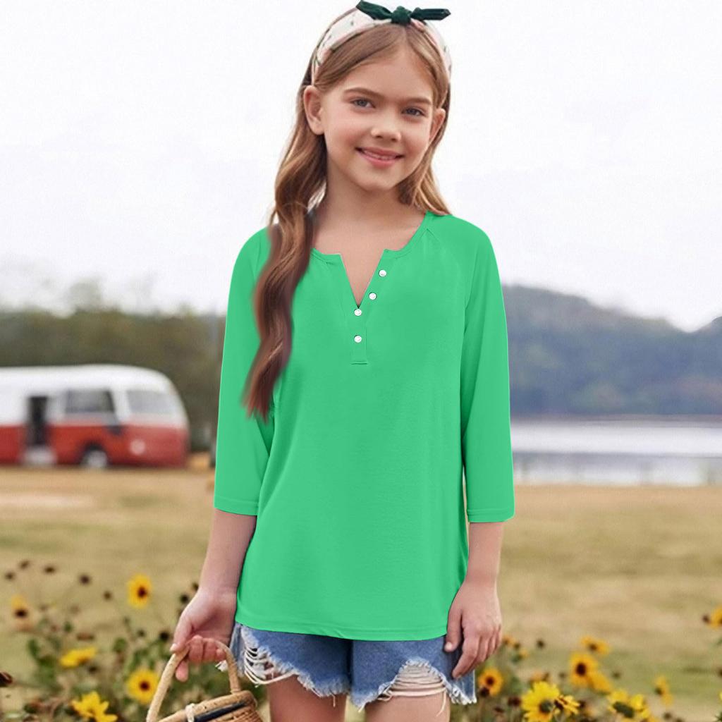 Print Tops For Youth Girls Round Neck 3/4 Sleeves T-Shirts Trendy Tops Outfit Tees