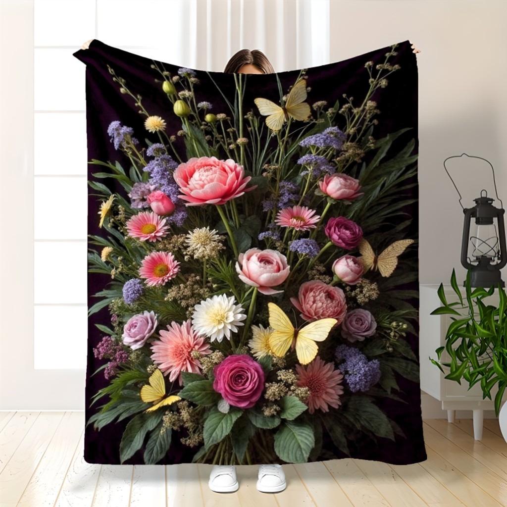 Pastel Blue & Peach Floral Soft Throw Blanket: Elegant Peony Pattern Cozy Couch Cover for Serene Home Decor