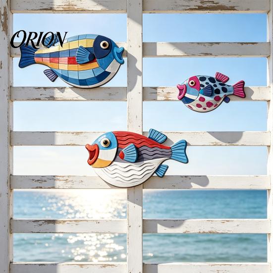 Modern Nursery Wall Art 3Pcs Wooden Fish Art, Nautical Hanging Ornaments, Rustic Ocean Style Punch Free Sculpture, Coastal Decorations for Beach House