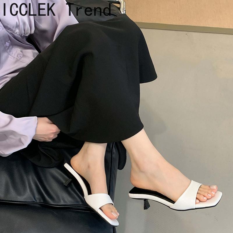 Summer Square Toe Women Silvery Slippers Ladies Elegant Outdoor Street Style Thick Heel Slides Sandalias