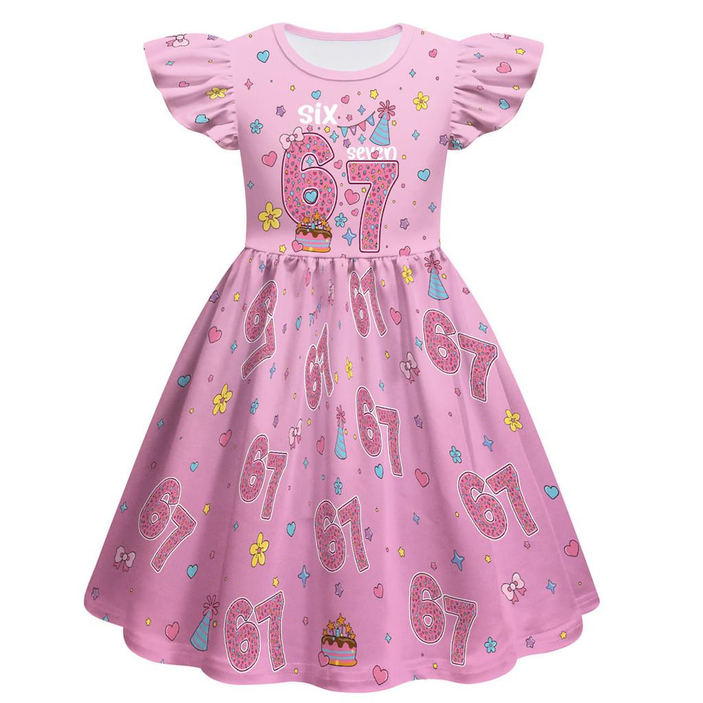82866 Kids Girls Steal a Brainrot 67 Print Ruffle Sleeveless Princess Dress