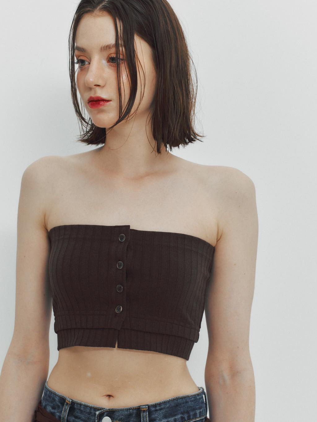 Minderly Ribbed Button Tube Top - Brown Brown/One Size