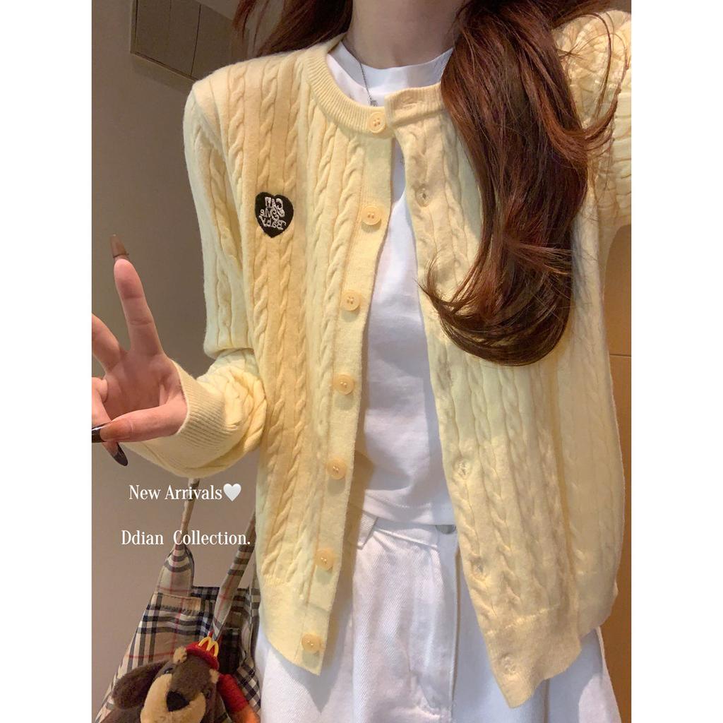 Spring college style embroidered crew neck twist sweater jacket for women with age-reducing knitted cardigan top