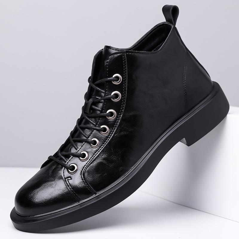 Men Leather Ankle Boots Lace Up Thick Sole Non Slip Casual Daily Fashion High Top Shoes