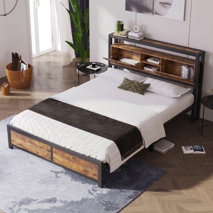 Metal Bed - MUVOE - 140x200 Cm - Headboard with Storage - Slatted Frame - Contemporary Style
