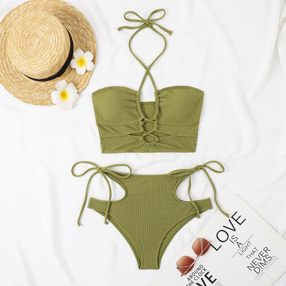 European and American Style Straps, Sexy Split Women's Swimsuit, Hollowed Out Fashion, High Waist and Small Breasts Gather Special Fabric Swimsuit