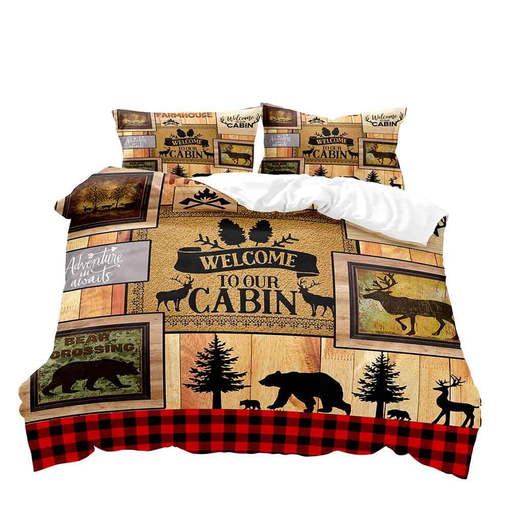 Schwarzbär Hirsch Bettbezug 3-teiliges Set Waldtiere Elch Elch Bettwäscheset Weiche Mikrofaser Bettdeckenbezug mit 2 Kissenbezügen