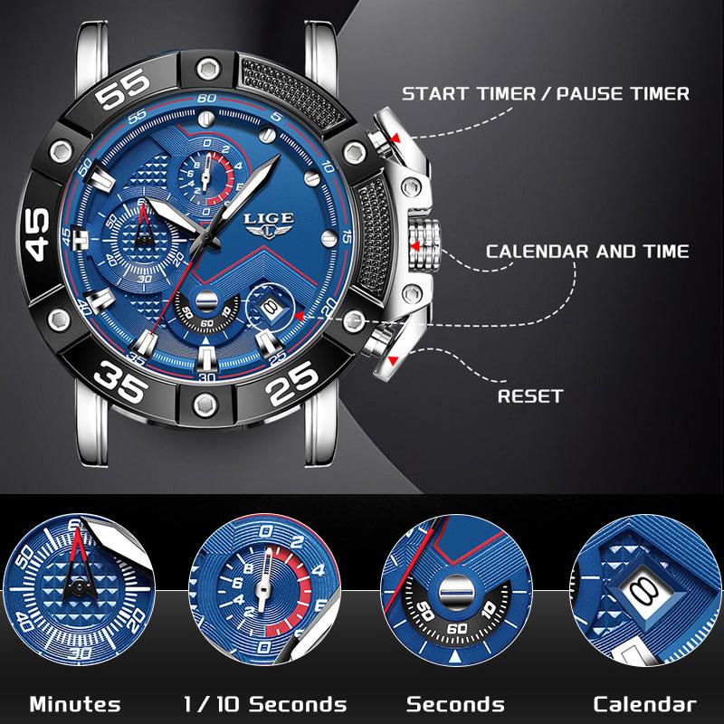 LIGE Big Dial Watch Men Fashion Business Watch Men Military Silicone Sports Waterproof Quartz Chronograph Relogios Masculino+Box