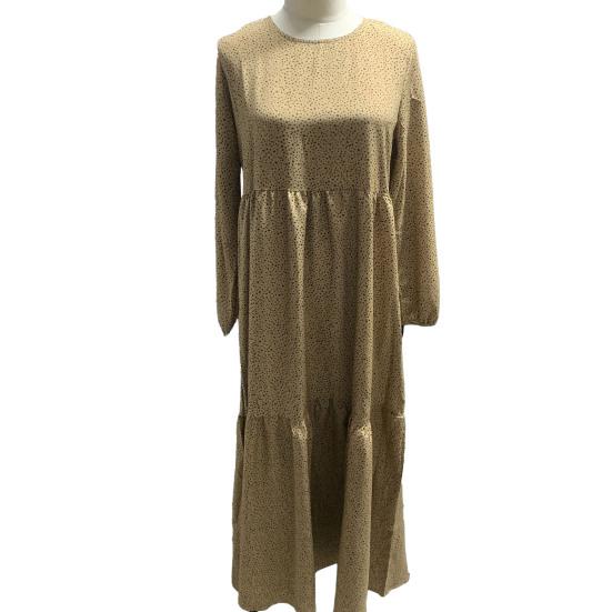 Women Maxi Dress O Neck Long Sleeve Loose A-line Big Hem Dot Print Vintage Soft Patchwork Dubai Turkey Abaya Long Robe Dress