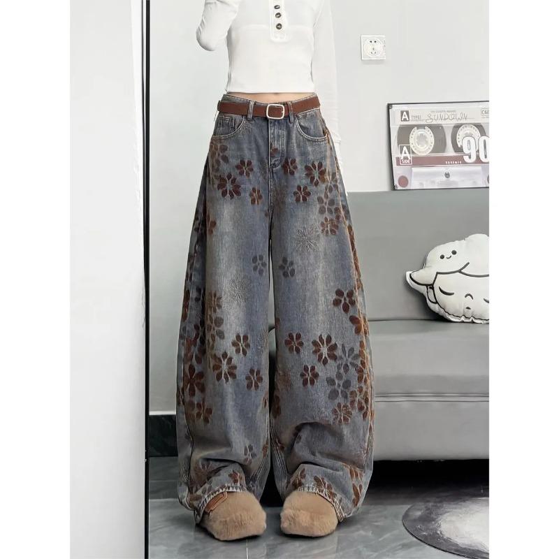 Jeans a Gamba Larga con Design Jacquard Retrò per Donna Invernali Nuovi a Vita Alta Larghi Slim Versatili Pantaloni Scimitarra