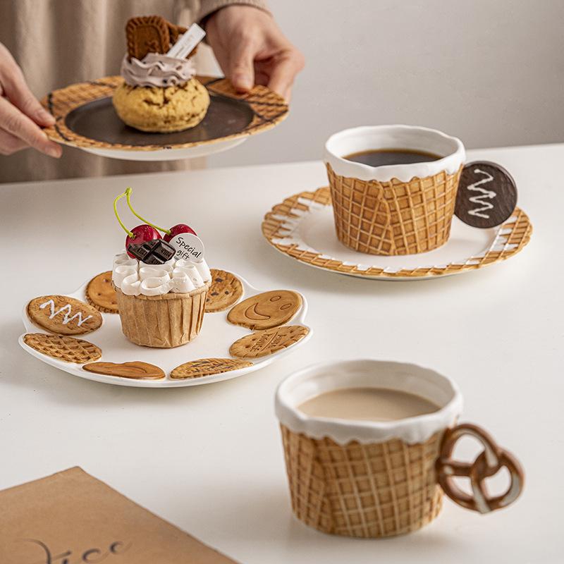 Cute Korean-Style Ceramic Mug & Cookie Series Tableware Set: Coffee Cup, Breakfast & Dinner Plates, Dessert Plate