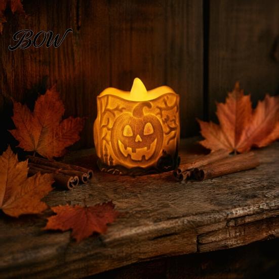 Hollow Relief Pumpkin Light Halloween LED Candle, Flameless Electronic Tealight, Embossed Resin Lantern, Portable Night Spooky Table Decor for Indoor