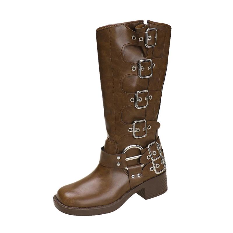 Fashion Ladies Shoes 2025 Brand Slip-on Women's Boots Fashion Metal Decoration Modern Boots Women New Belt Buckle Knee-High Bootszapatos