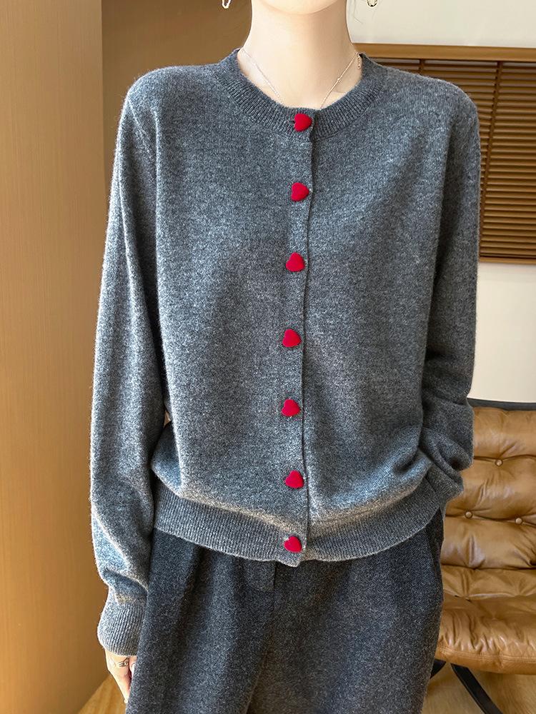 Women's 100% Wool Round Neck Long Sleeve Knit Cardigan with Cashmere Inner Layer