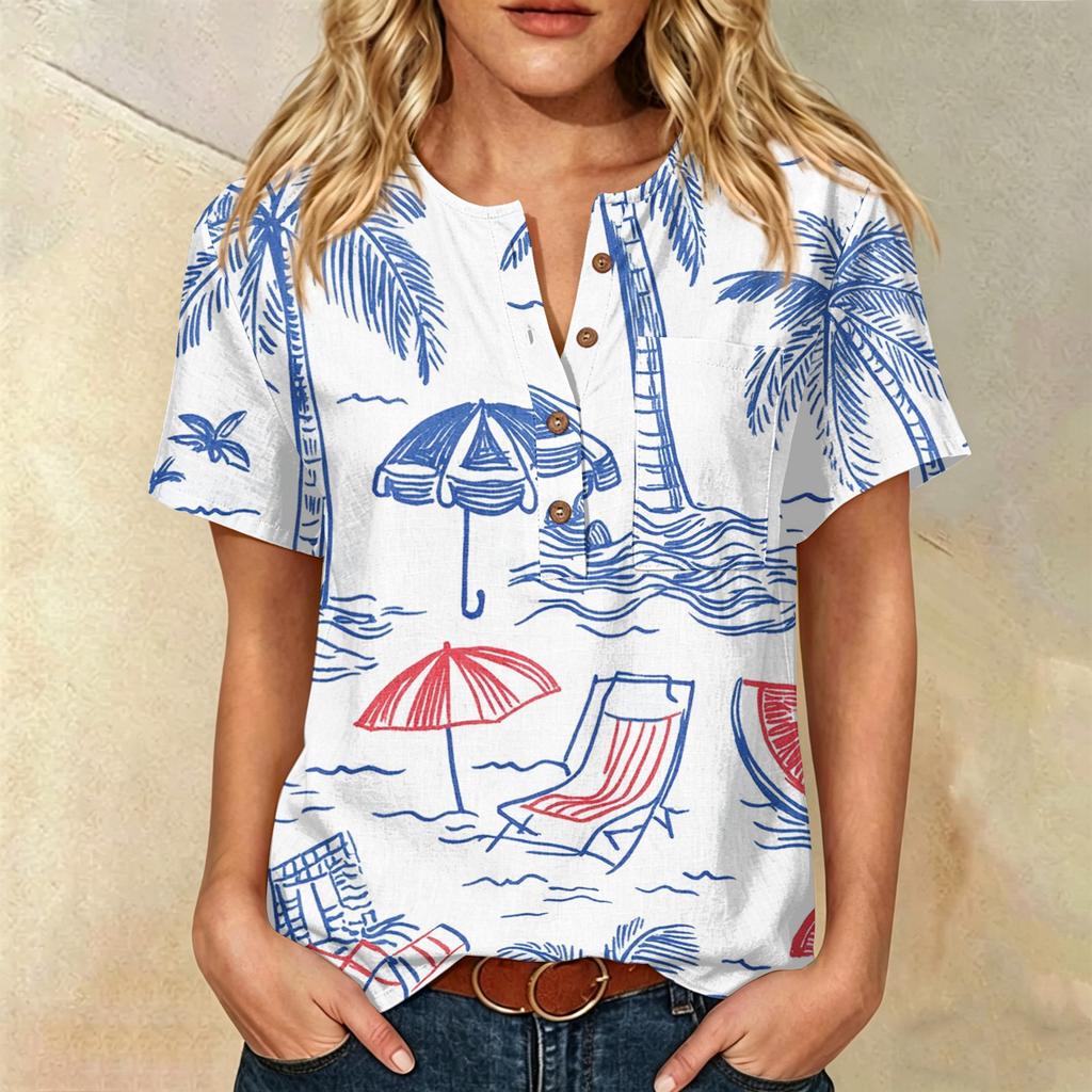 Women's Floral Print Short Sleeve Shirt Henley Button Neck Chest Pocket Casual Linen Cotton Blended Top for Summer