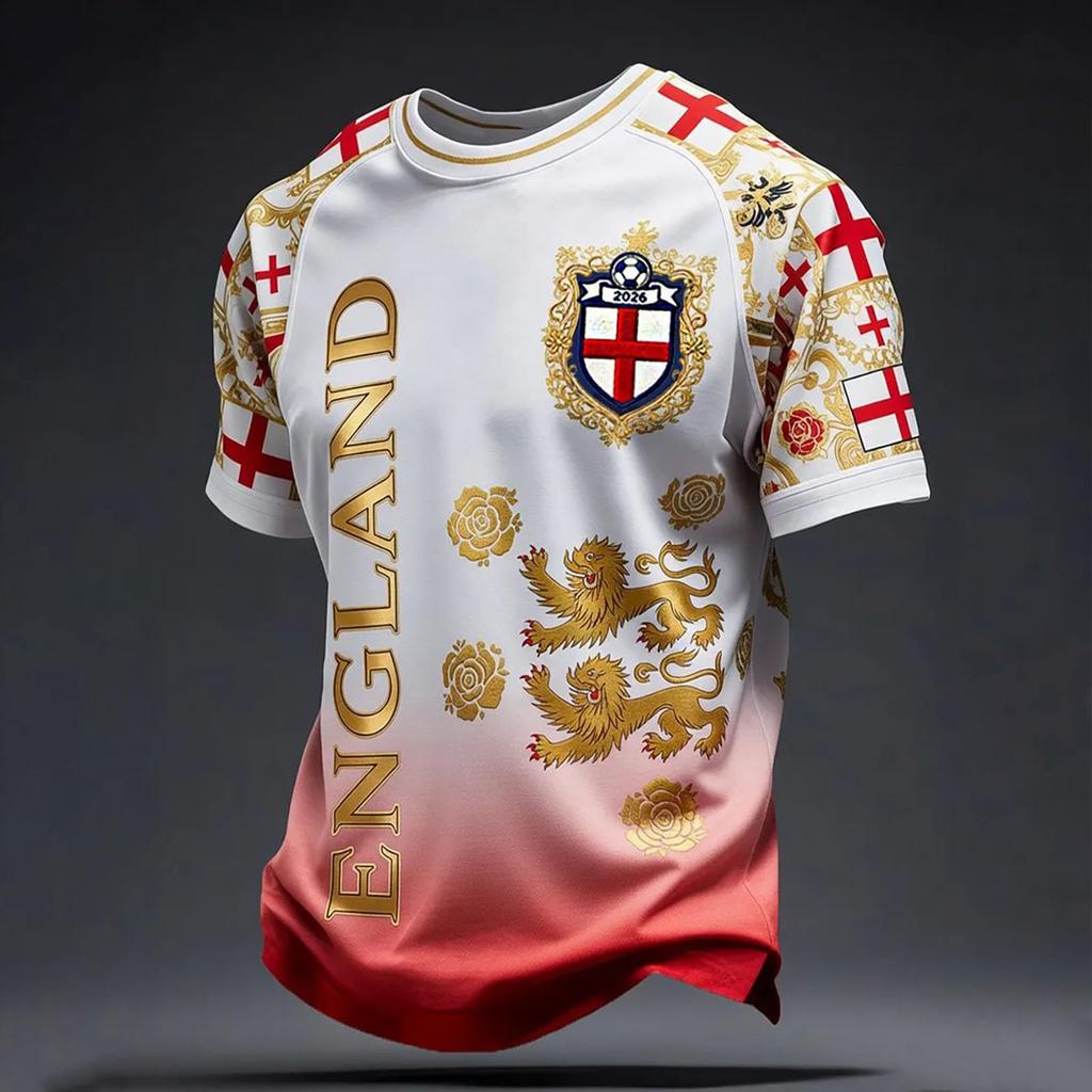 Men's Casual Raglan Sleeve Short Sleeve Top with National Emblem and Patterned Print Suitable for Everyday Wear and Outdoor Activities