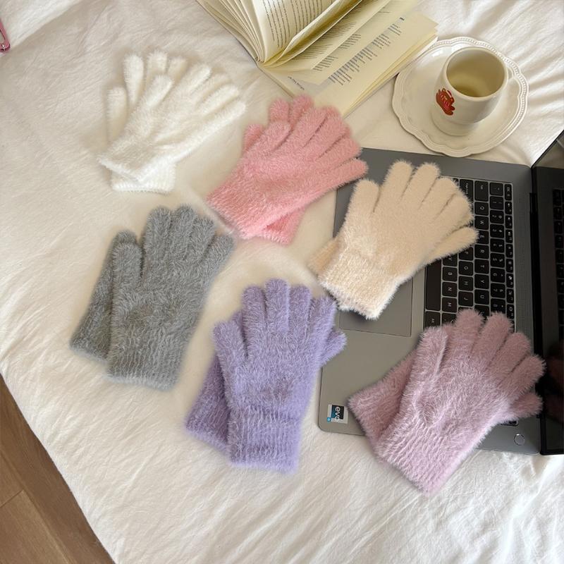 Imitation Mink Fur Knitted Gloves Winter Warm Thick Velvet Five Finger Gloves Women Outdoors Cycling Solid Color Mittens