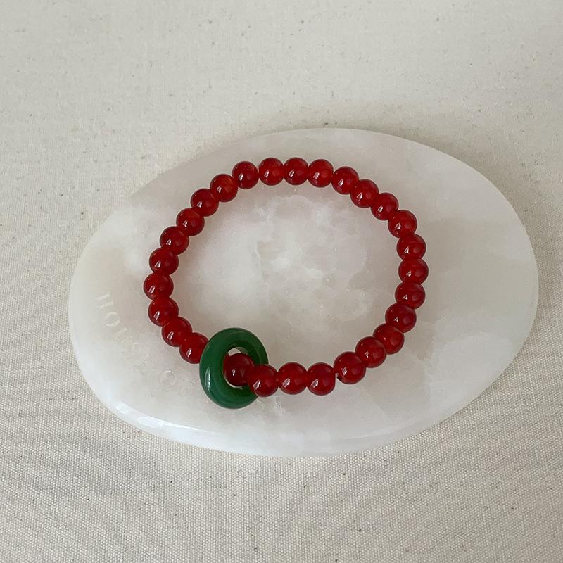 New Chinese Style Red Beaded Green Running Ring Elastic Rope Bracelet Necklace Women'S Light Luxury Fashion Versatile Bracelet Jewelry