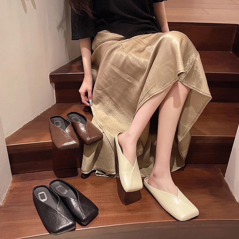 Fashion Fashionable Slip-ons for Women Square Toe Large Size 42 Flat Women's Shoes Light Spring Casual Outdoor Fashion Smooth New Mules