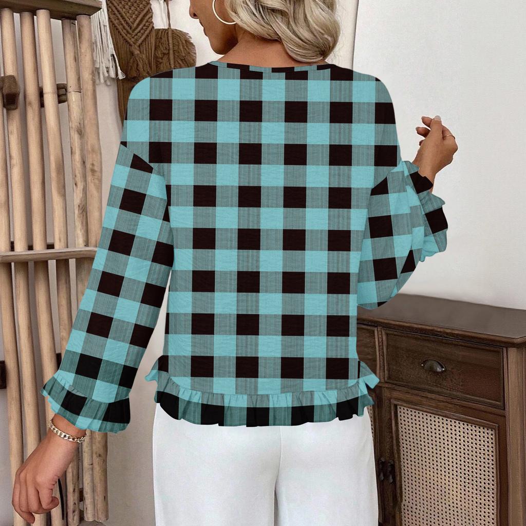 Women's Casual Fashion Ruffled V-Neck Pocket Plaid Print Long Sleeve Top