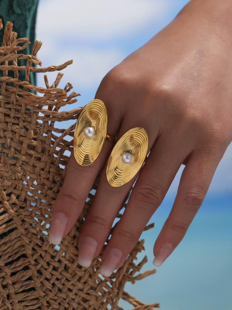 Adjustable Stainless Steel Chunky Rings For Women 18k Gold Plated With Shell Bead Waterproof No Tarnish Women's Large Oval Ring