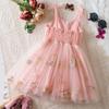 Mädchen Modekleid 2025 Sommer Kinder Blumenstickerei Mesh Prinzessinnenkleid Mädchen Geburtstag Neckholderkleid