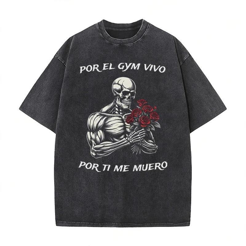 Vintage Vintage Short Sleeves Gym Washed TShirts Unisexs Trendy Cool Skeleton Gym Print Oversized Tshirt SummerTees Streetwear
