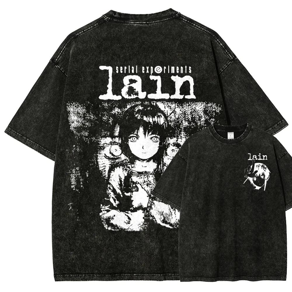 T-shirt Grafica Classica Retrò Anime Serial Experiments Lain Vestibilità Larga Casual Oversize Cotone Lavato Vintage Top Streetwear