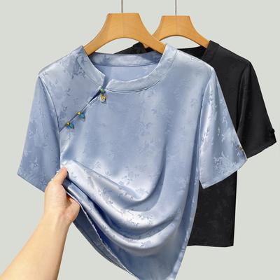 Jacquard Satin Chiffon Shirt for Women New Women's Round Neck Short-sleeved Shirt for New Chinese Style Slanted Placket Top
