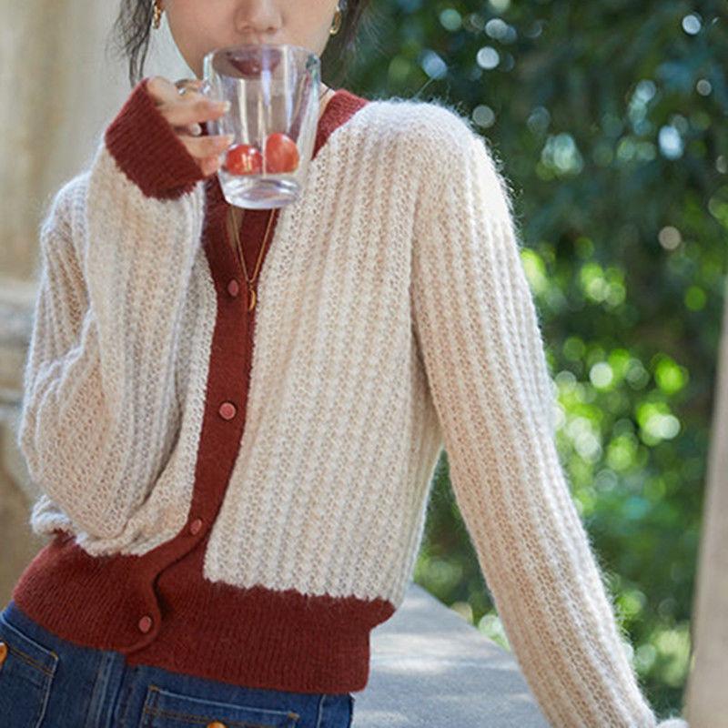 

Контрастный вязаный свитер, куртка, женский осенний новый модный свитер с длинными рукавами и круглым вырезом, небольшой дизайн, нишевый свитер, женский кардиган One Size бежевый