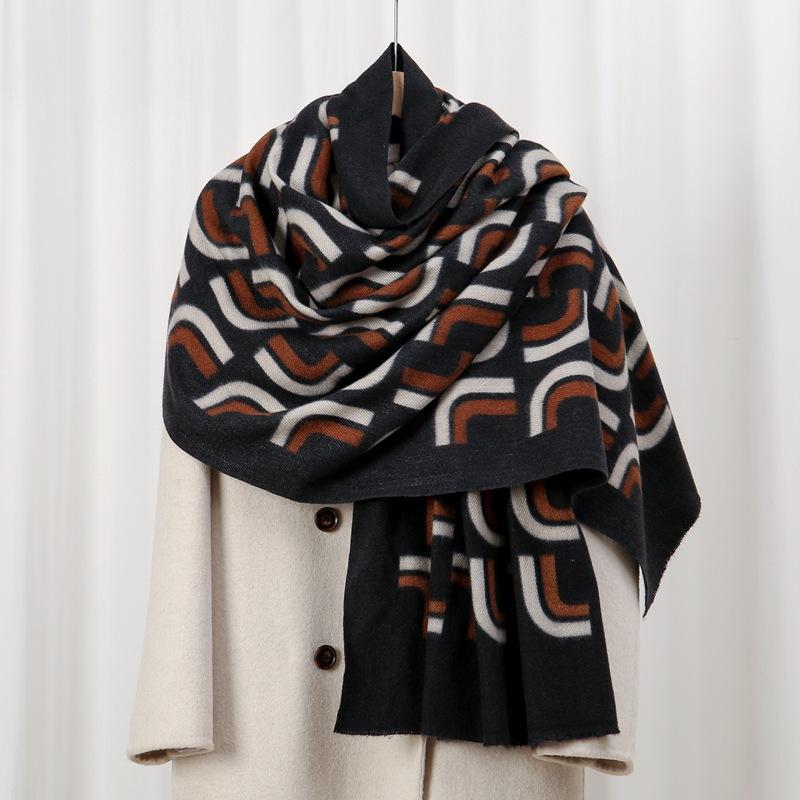 

Двойной крючок 70 новый осенне-зимний приятный к коже и теплый шарф из искусственного кашемира с принтом геометрический универсальный платок 70*180cm чёрный