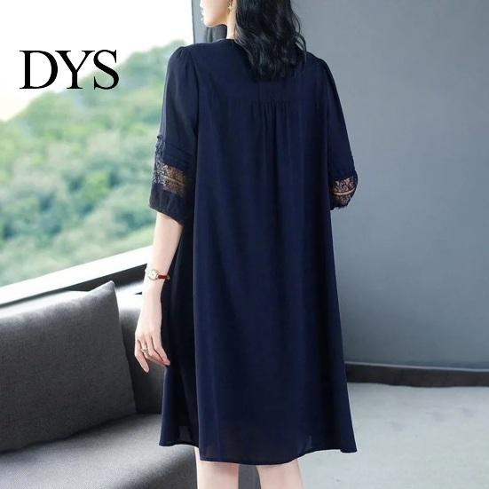 Solid Color Dress Summer Women Plus Size V Neck Loose Half Sleeves Commute Midi Hollow Out Lace Single-breasted Knee Length A-line Long