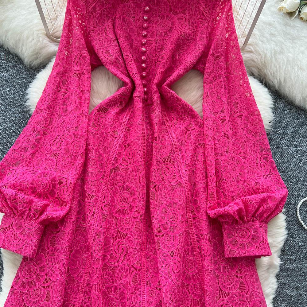 French Court Style Dress Women's Autumn High-end Single-breasted Waist and Thin Temperament Lace Long Dresses