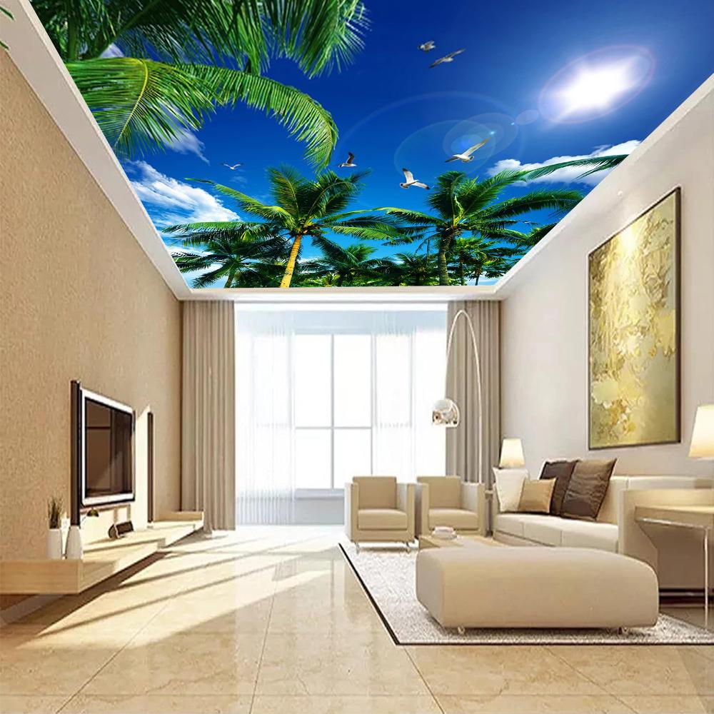 Tapet de Plafon Cer Albastru Nori Albi Cocotieri Pictură Murală Dormitor Living Tapet de Plafon